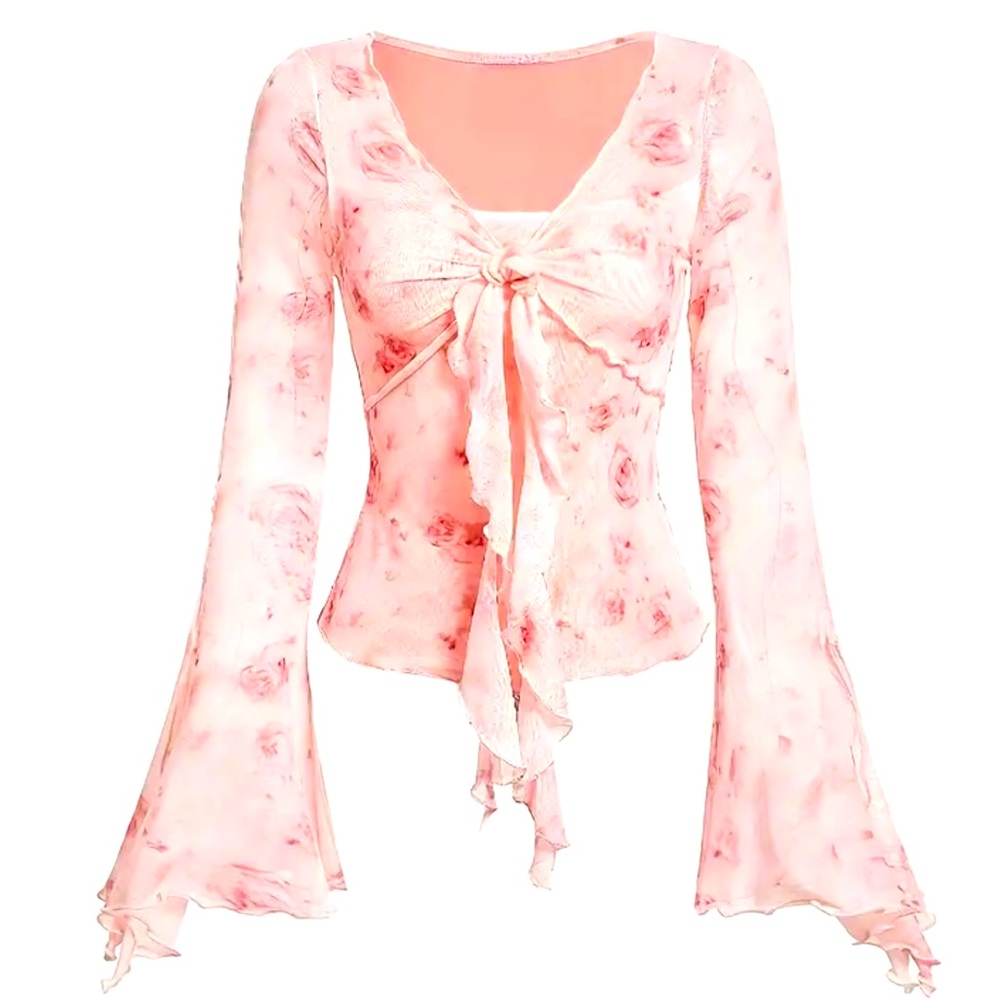 V-Neck Flare Sleeve Pink Floral Top